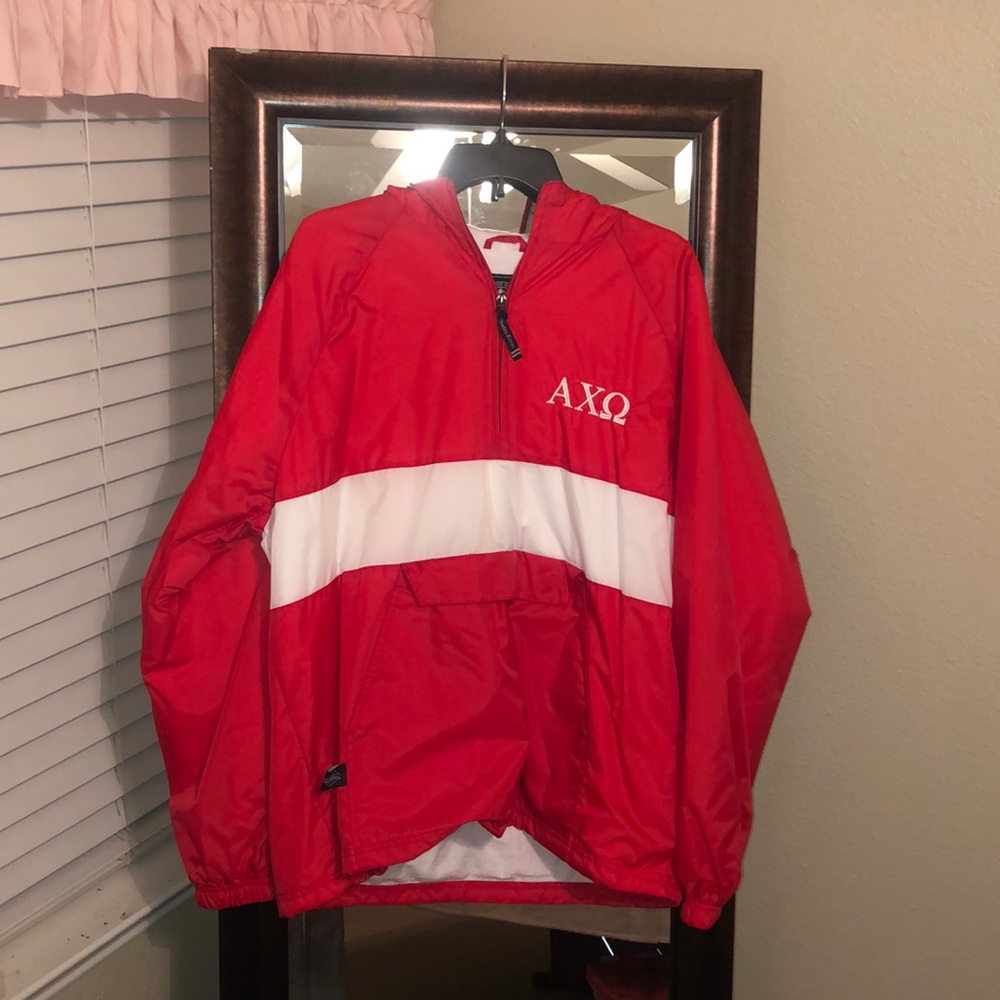 Alpha Chi red and white rain coat